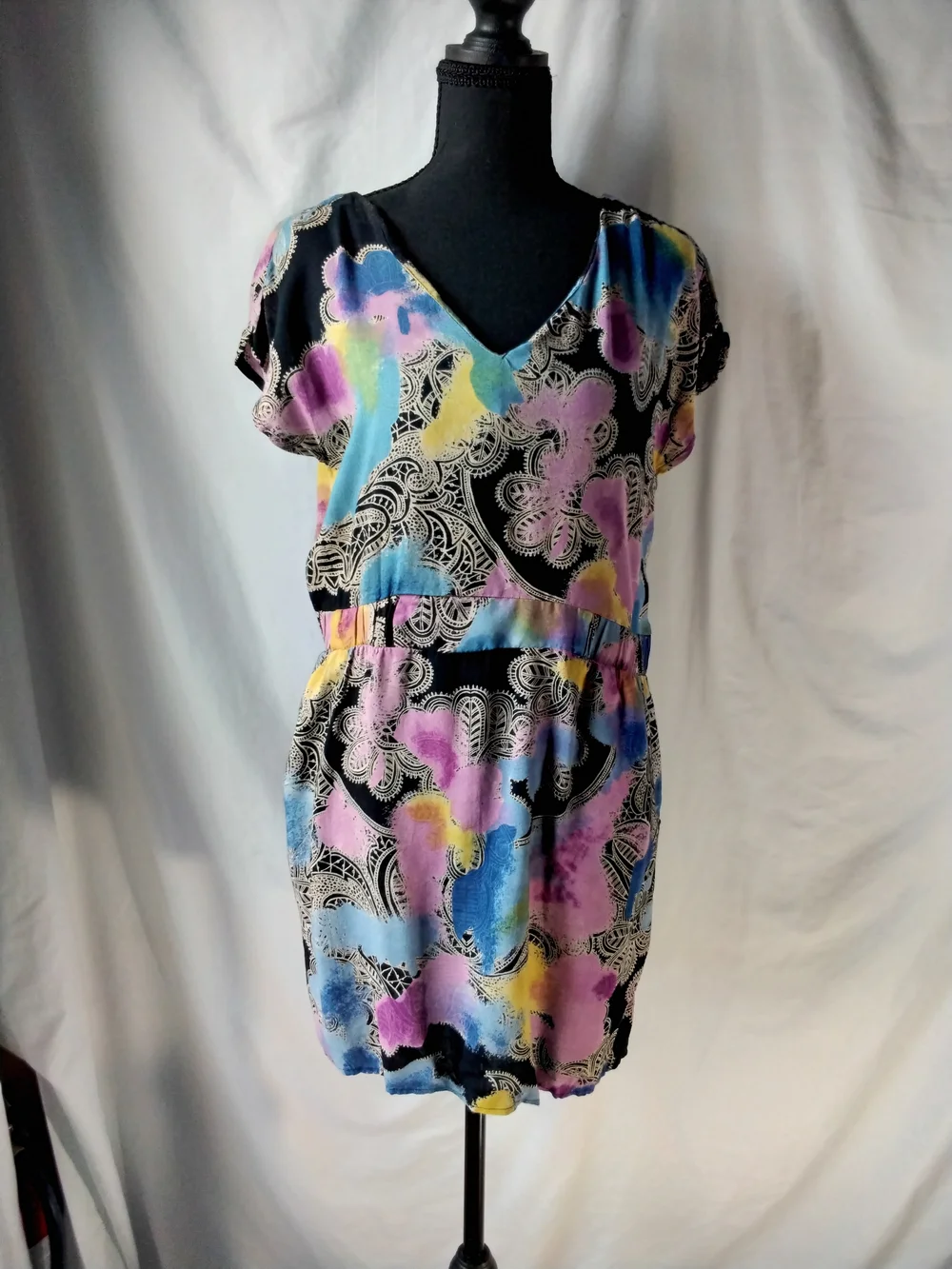 Angie Boho Mini Dress with Pastel Pink, Blue & Yellow Print